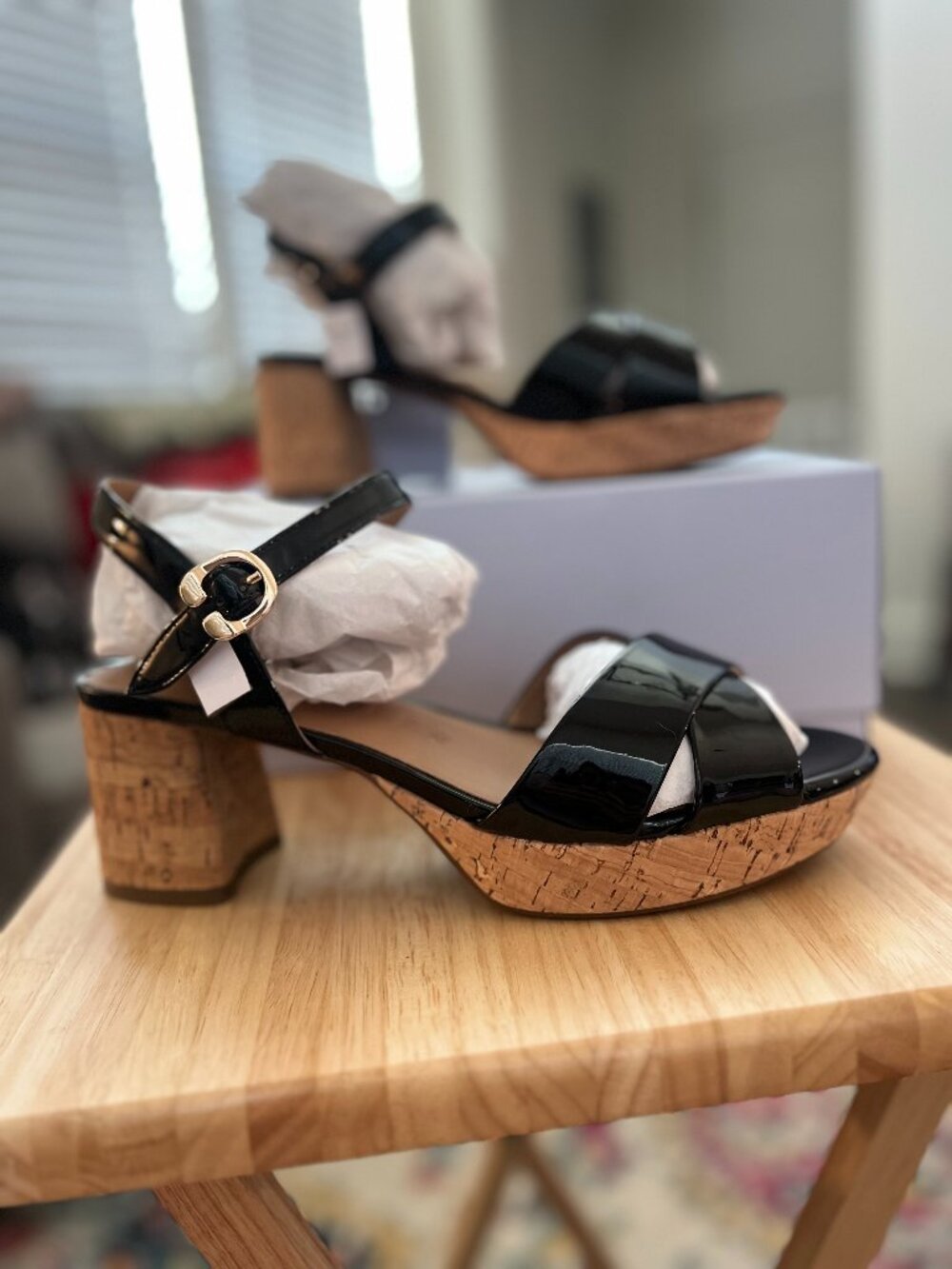 Aerosoles Cosmos Black Patent Cork Heel Sandals Size 10M NWT